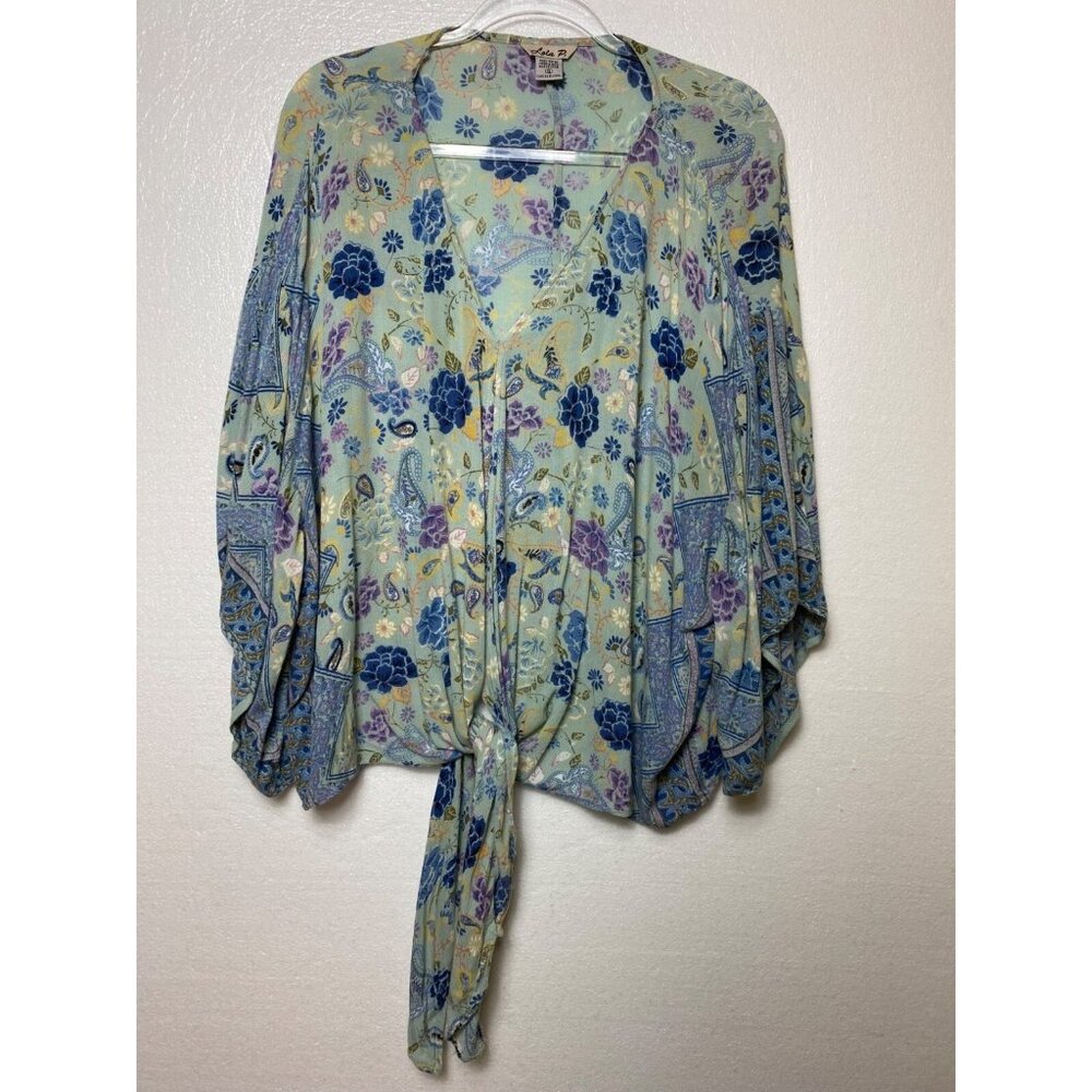 Lola P. Floral Kimono Blouse With Tie Waist XL Light‎ Floral Boho Peasant Hippie